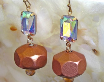 Iridescent Faceted Crystal with Copper Wood Beads and Crystal ~ Shepard Hook Earrings