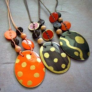 Ethnic Inspired Painted Shell Pendant Necklaces Brown and Orange Three Designs to choose from Length 19 image 1