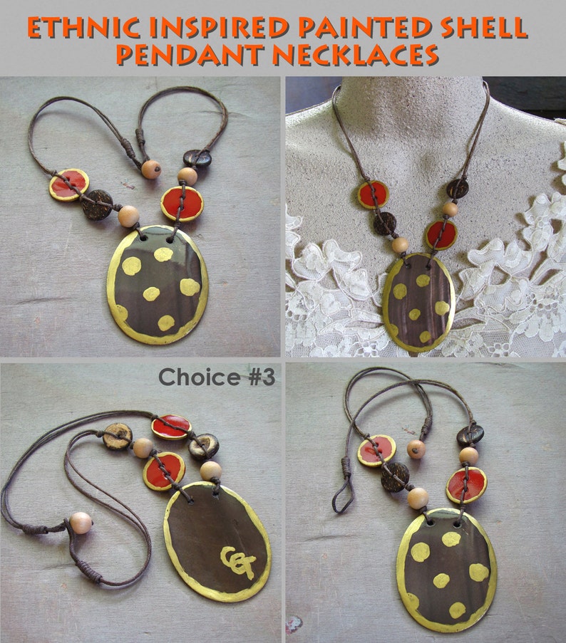 Ethnic Inspired Painted Shell Pendant Necklaces Brown and Orange Three Designs to choose from Length 19 image 5