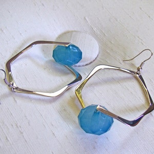 Captured Bead Earrings ~ Faceted Blue Lucite Bead and Hexagon Hoop ~ French Hook Earrings