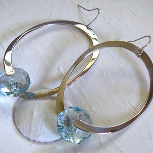 Captured Bead Earrings ~ Clear Faceted Blue Lucite Bead and Oval Hoop ~ Shepherd Hook Earrings