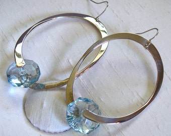 Captured Bead Earrings ~ Clear Faceted Blue Lucite Bead and Oval Hoop ~ Shepherd Hook Earrings