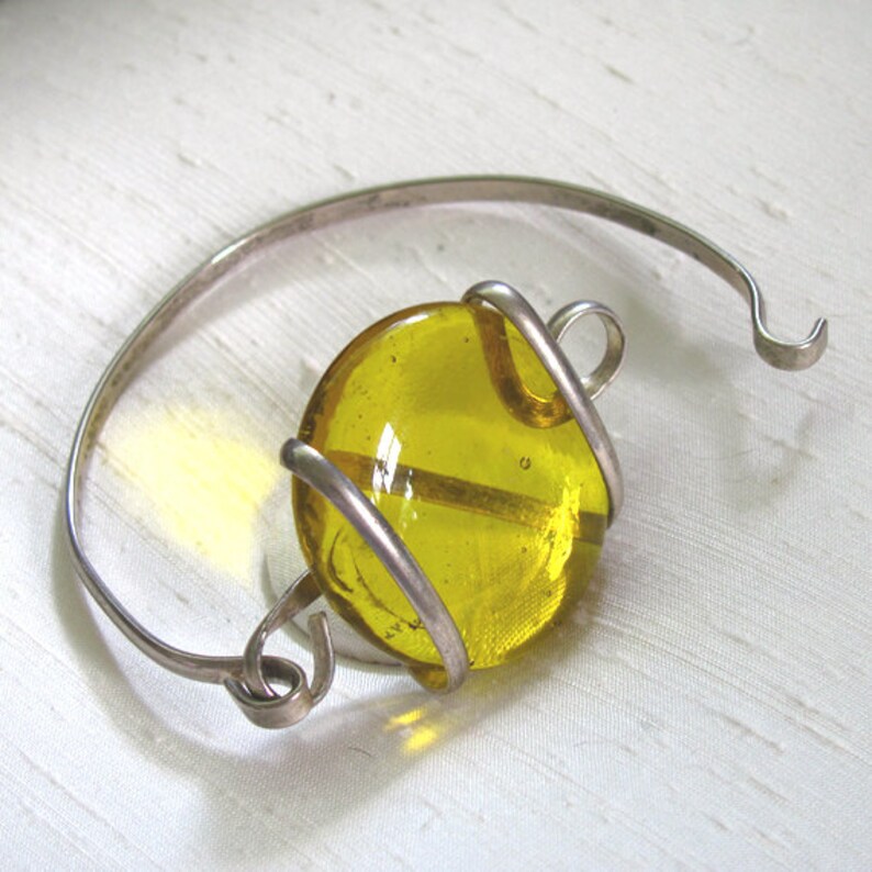 Silver Bangle Bracelet With Wirewrapped Recycled Yellow Glass Etsy