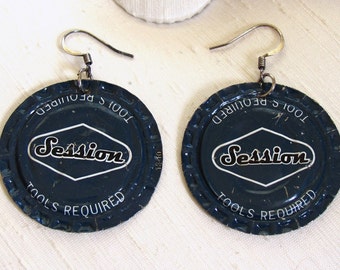 Bottle Cap Earrings ~ Sessions Beer Cap Earrings ~ Blue Recycled Upcycled Funky - pierced