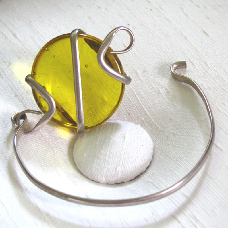 Silver Bangle Bracelet With Wirewrapped Recycled Yellow Glass Etsy