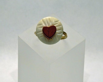 SALE - Wire-wrapped Ring - Red Jasper Heart and Carved Bone Gem Bead - Size 7