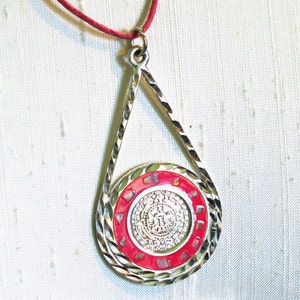 Mexican Silver Coin Pendant Necklace with Pink Enamel Inlaid with Abalone Chips on Pink Hemp with Extension Chain image 2