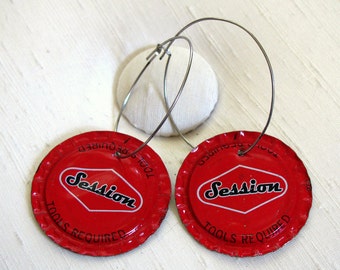 Bottle Cap Earrings ~ Sessions Beer Cap Hoop Earrings ~ Red Recycled Upcycled Funky - pierced