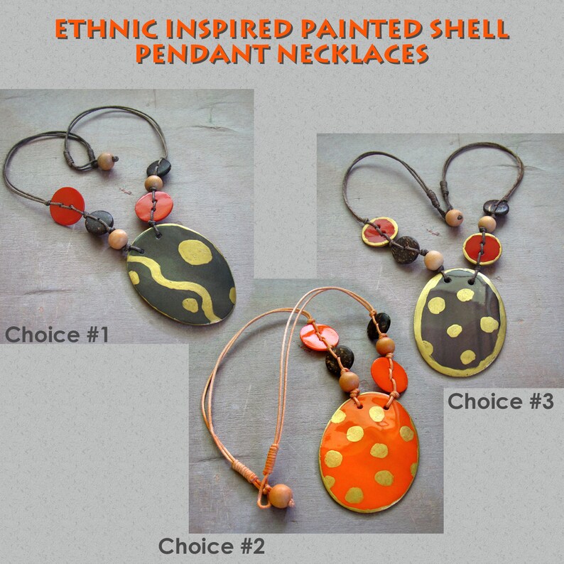 Ethnic Inspired Painted Shell Pendant Necklaces Brown and Orange Three Designs to choose from Length 19 image 2
