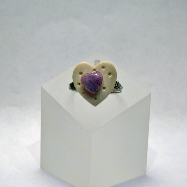 SALE - Wire-wrapped Ring - Bone Heart Button and Sugalite Heart Gem Bead - Size 7