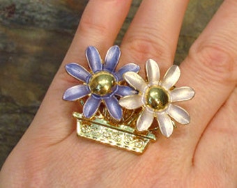 SALE - Purple Flowers HUGE Fashion Costume Cocktail Ring - Up-cycled Pin - Adjustable Size