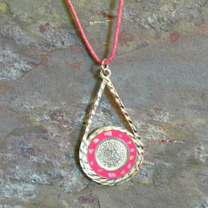 Mexican Silver Coin Pendant Necklace with Pink Enamel Inlaid with Abalone Chips on Pink Hemp with Extension Chain image 3