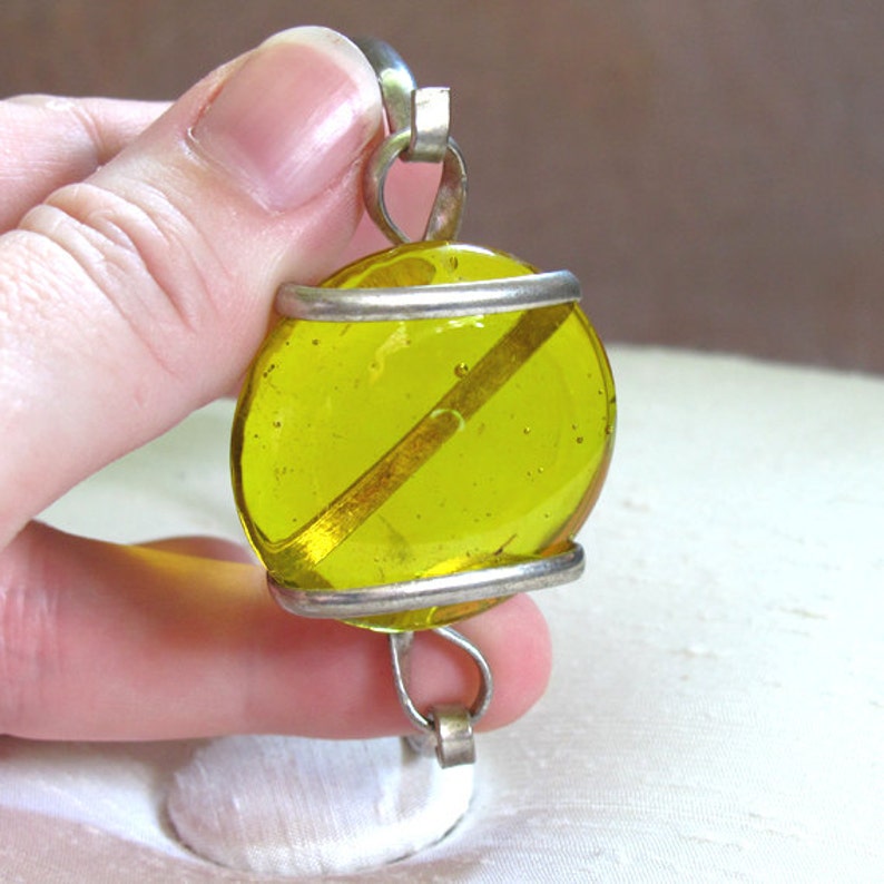 Silver Bangle Bracelet With Wirewrapped Recycled Yellow Glass Etsy