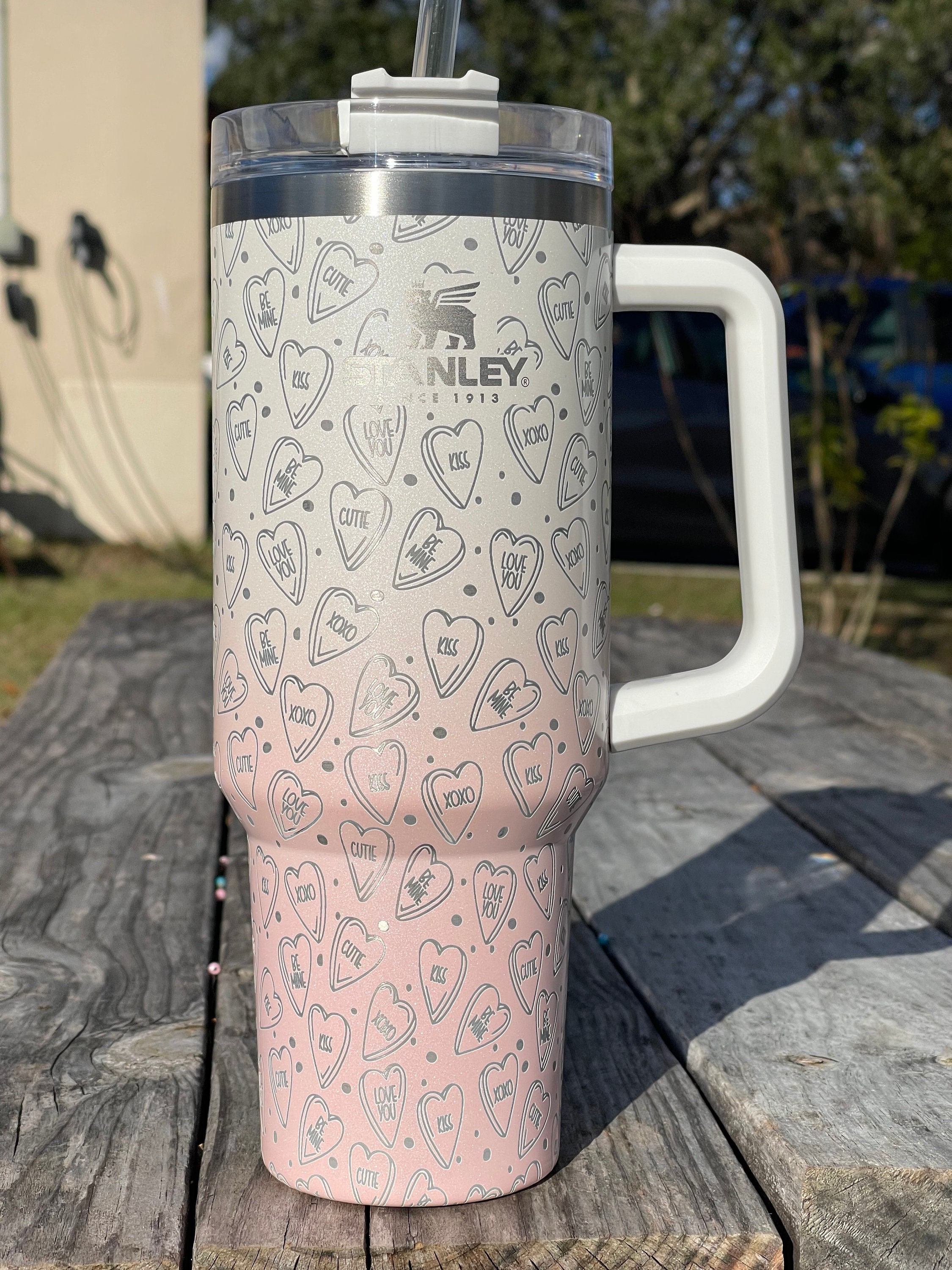 40oz tumbler w/ handle and Conversation Hearts engraved. — That Laser Lady