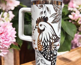 40oz Cream & Copper Floral Rooster Tumbler With Handle | Engraved Look |