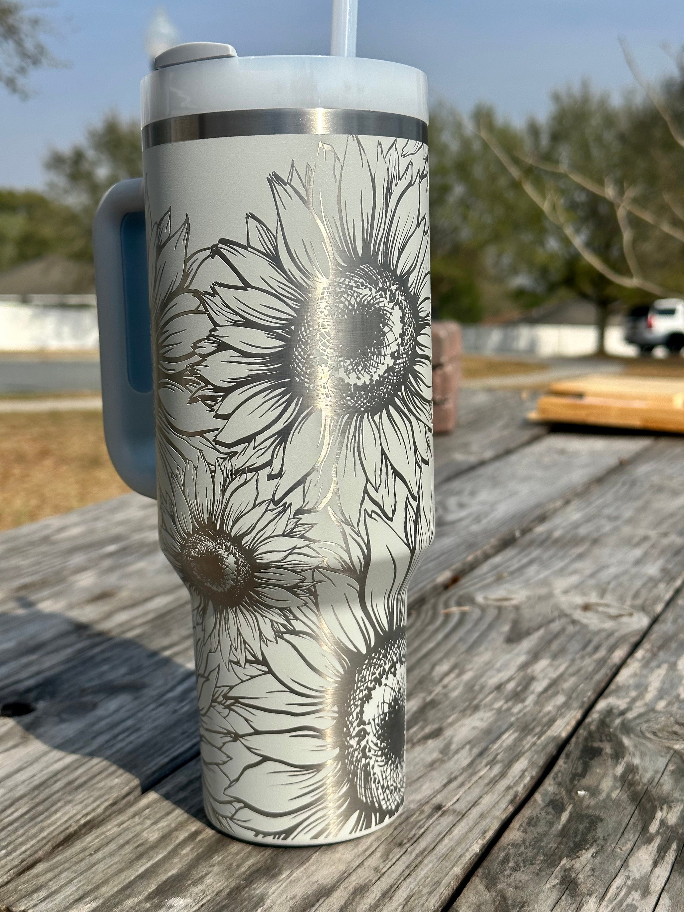 Sunflower 40 ounce engraved stainless steel tumbler – Thistle Dew Crafts