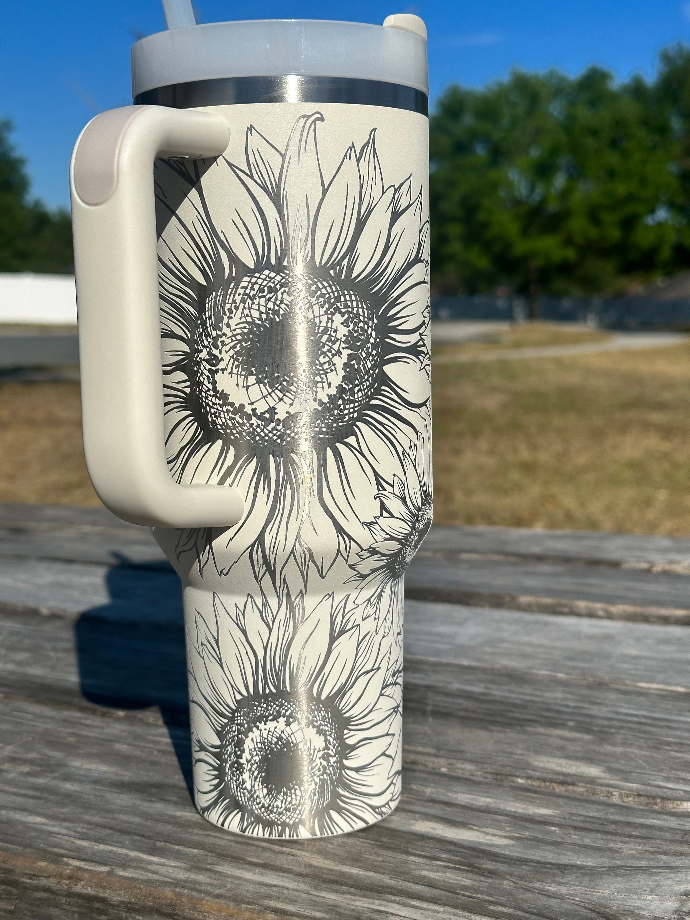 Sunflower Design 40oz Tumbler with Handle, Lid, Straw, Laser Engraved –  Prairie Tale Farm