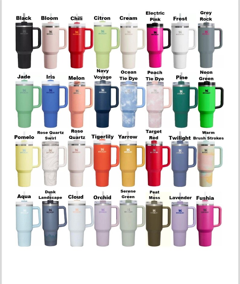 Op de afbeelding: Een verzameling van 30 verschillende kleurbekers met verschillende namen die op elk zijn gedrukt. De bekers zijn allemaal even groot en hebben dezelfde vorm, met een handvat en een deksel.