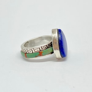 Royal Lapis Lazuli with a elegant khaki green turquoise red coral Silver Ring setting image 1