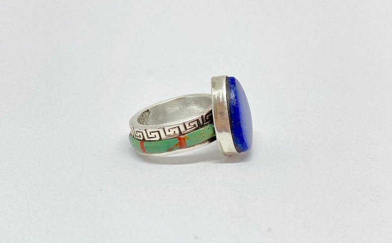 Royal Lapis Lazuli with a elegant khaki green turquoise red coral Silver Ring setting image 1