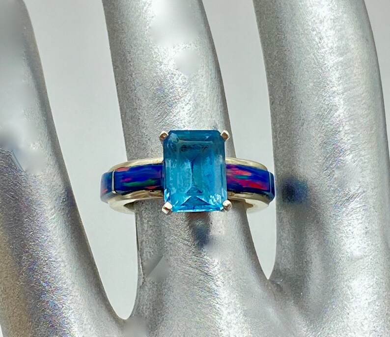 Handcrafted Topaz Peacock Opal Tapered Band Ring Size 5 1/2 image 5