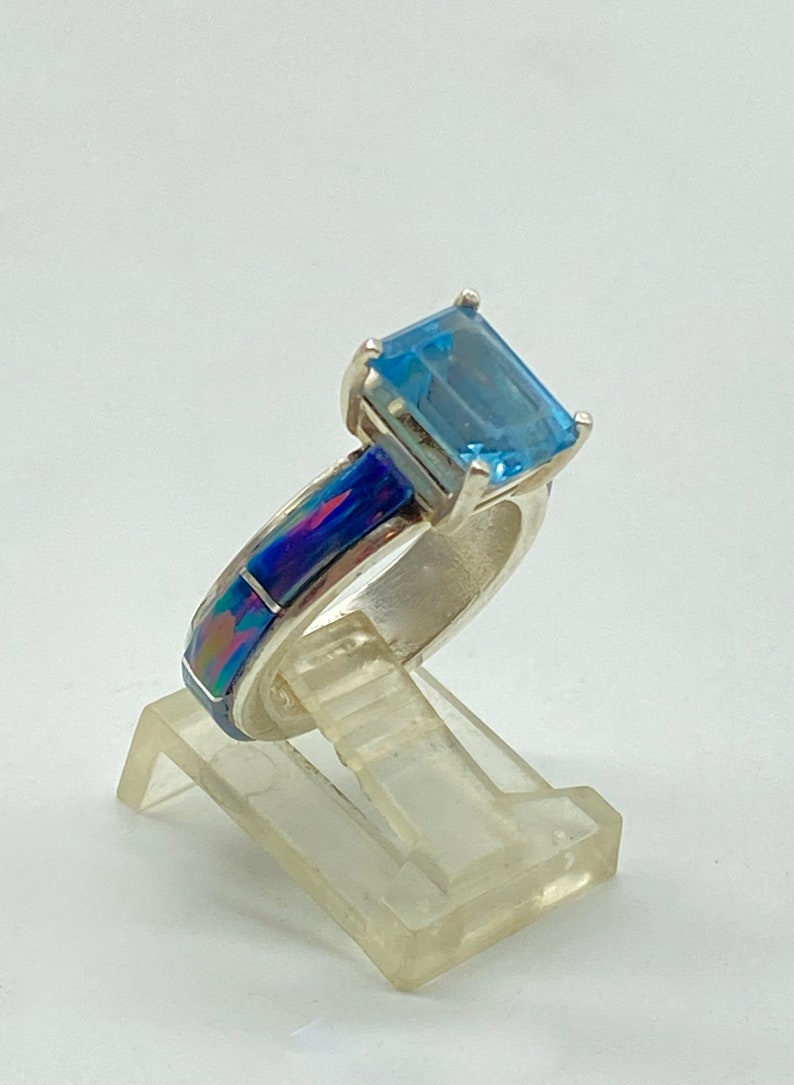 Handcrafted Topaz Peacock Opal Tapered Band Ring Size 5 1/2 image 8