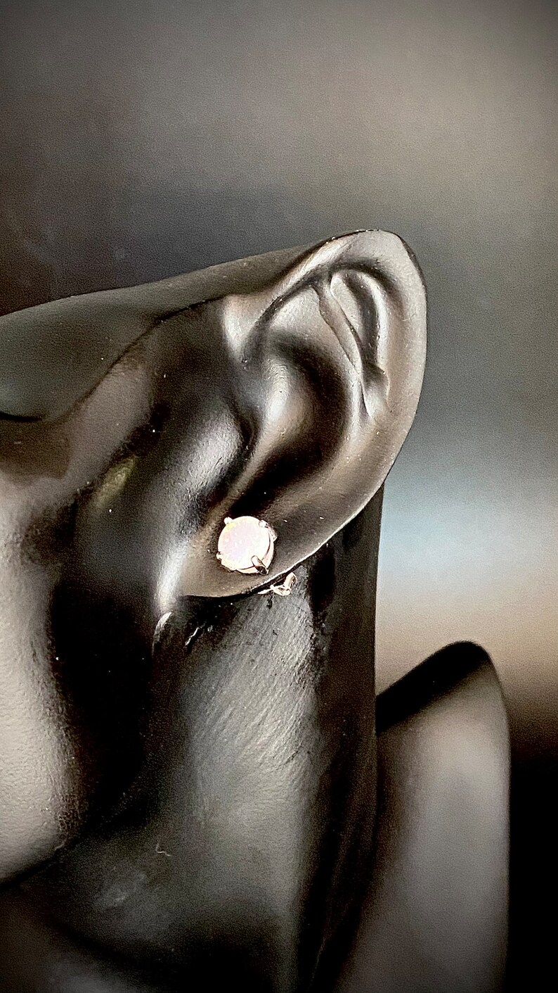 My eye catching Hand bezeled solid sterling silver white iridescent white frost lab opal stud earrings, great gift for an October birthday image 3
