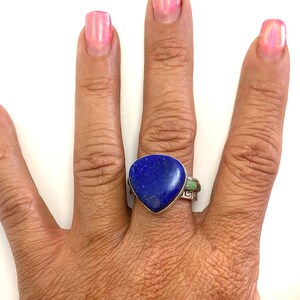 Royal Lapis Lazuli with a elegant khaki green turquoise red coral Silver Ring setting image 2