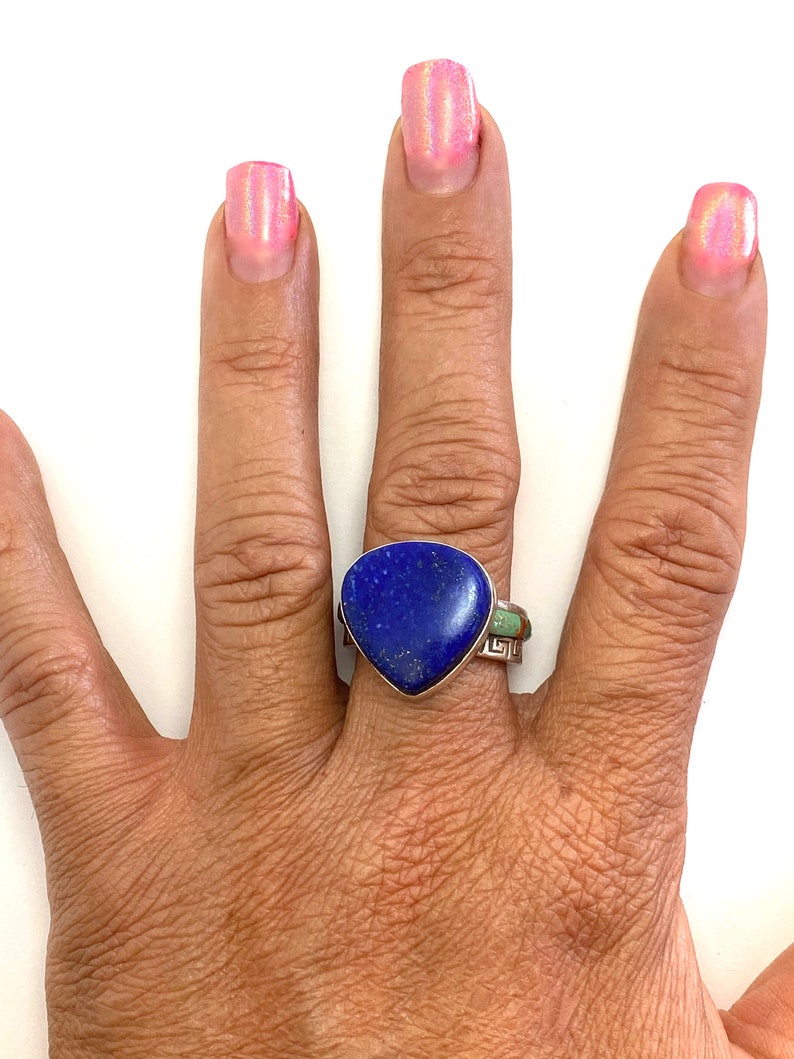 Royal Lapis Lazuli with a elegant khaki green turquoise red coral Silver Ring setting image 2