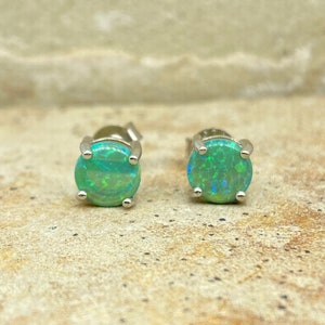 Round Stud Earrings-Shimmering Lab Created Green Opal-925 Stud Earring-Minimalistic-Gift Idea, See Video to view shimmering Green image 5