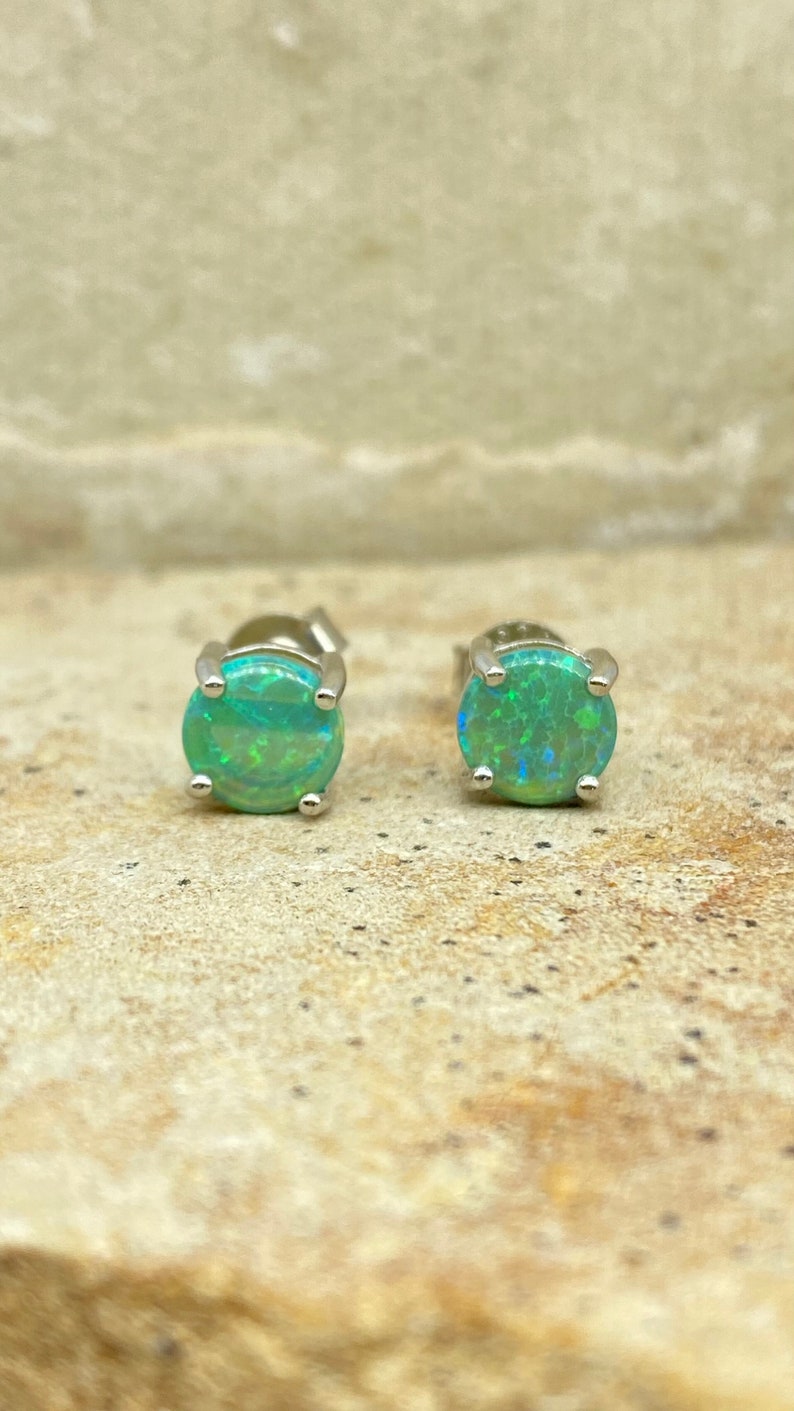 Round Stud Earrings-Shimmering Lab Created Green Opal-925 Stud Earring-Minimalistic-Gift Idea, See Video to view shimmering Green image 5