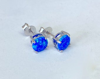 Sterling Silver Round Blue Lab Opal, Stud Earrings, Light Weight Earring, Post Earring, Perfect Gift Idea