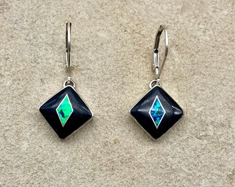 Hand Inlaid Earrings- Opal and Black Jet Earrings - Lightweight Sterling Silver Earrings -Lever Back Ear Wire - Jewelry Gift Item