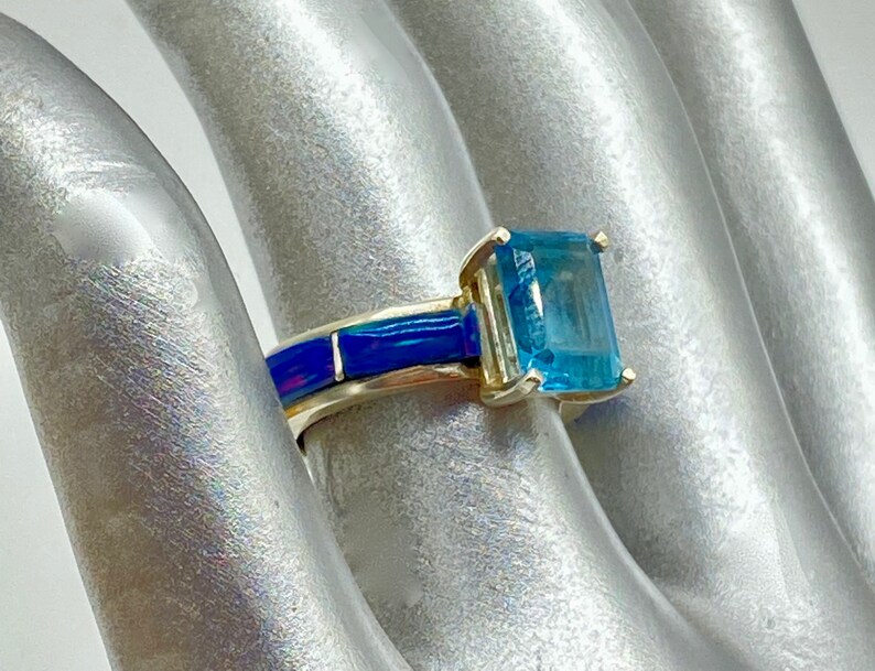 Handcrafted Topaz Peacock Opal Tapered Band Ring Size 5 1/2 image 4