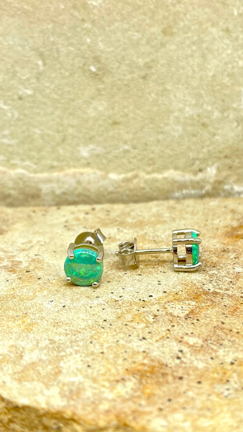 Round Stud Earrings-Shimmering Lab Created Green Opal-925 Stud Earring-Minimalistic-Gift Idea, See Video to view shimmering Green image 4