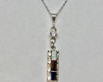 Hand-Crafted Sterling Silver Opal Drop Pendant with Dazzling Round Cubic Zirconia