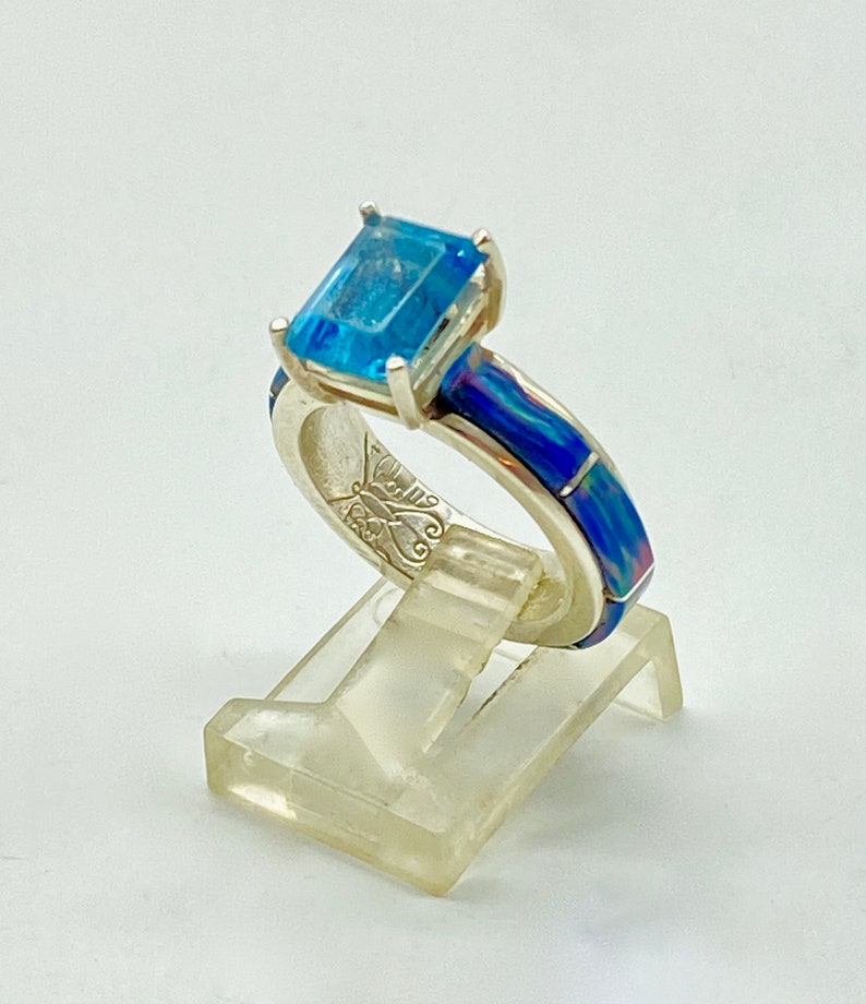 Handcrafted Topaz Peacock Opal Tapered Band Ring Size 5 1/2 image 7