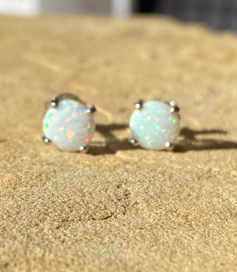 My eye catching Hand bezeled solid sterling silver white iridescent white frost lab opal stud earrings, great gift for an October birthday image 8