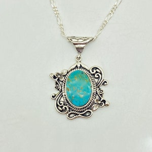 Floral Pattern Sterling Silver Turquoise Pendant image 1