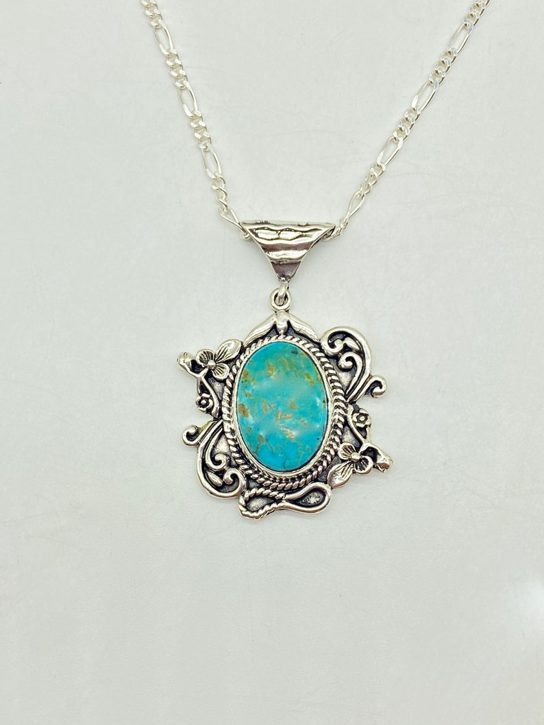 Floral Pattern Sterling Silver Turquoise Pendant image 1