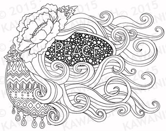 peace floral flowy adult coloring page gift wall art hippie zentangle