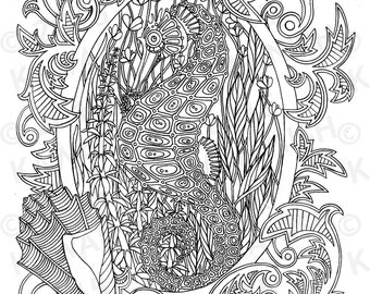 seahorse underwater adult coloring page gift wall art ocean line drawing