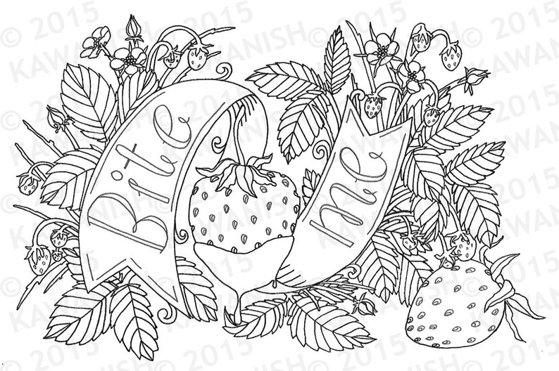 me mordre fraise Coloriage page wall art cadeau funny humour adulte image 1