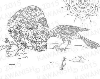 skull magpie bird mandala adult coloring page gift wall art line drawing