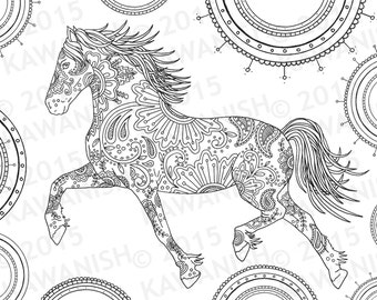 horse adult coloring page gift wall art mandala zentangle