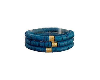 deep teal stackable bracelet [dark blue green clay disc bracelet]