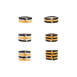 May include: Set of six stacked bracelets with black, white, and yellow beads. The bracelets are made of round beads with gold accents.