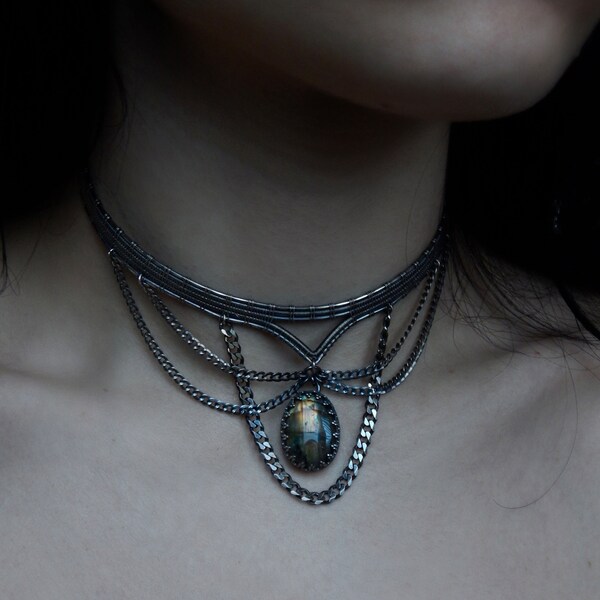Labradorite Choker - Wire Wrapped Choker - Sterling Silver Necklace - Crystal Necklace - Elven Choker -  Chandelier Necklace - Collar Choker