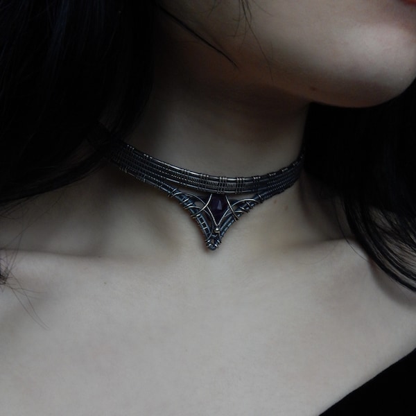 Amethyst Choker - Wire Wrapped Choker - Sterling Silver Necklace - Crystal Necklace - Elven Choker - Collar Necklace - Heady Wire Wrap
