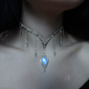 Moonstone Choker - Wire Wrapped Choker - Sterling Silver Choker - Chandelier Necklace - Fairy Jewelry - Goddess Choker - Elven Necklace